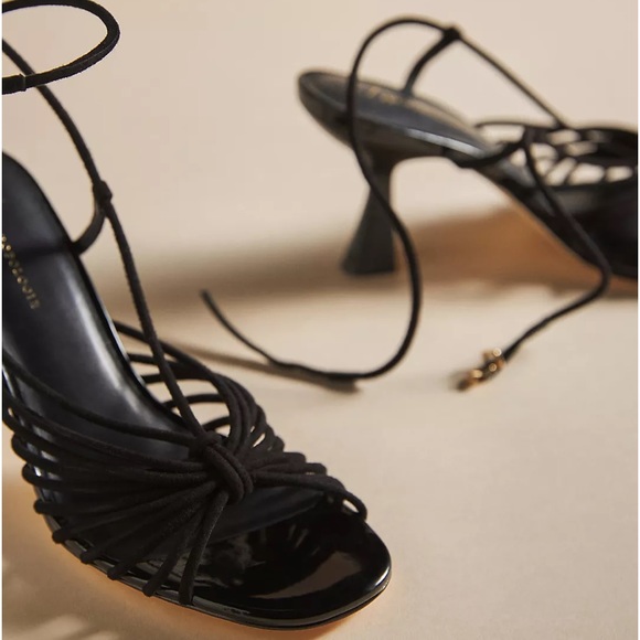 New Caverley x Anthropologie Norman Heel Cow Satin 7 Black White Leather Strappy - Picture 7 of 10